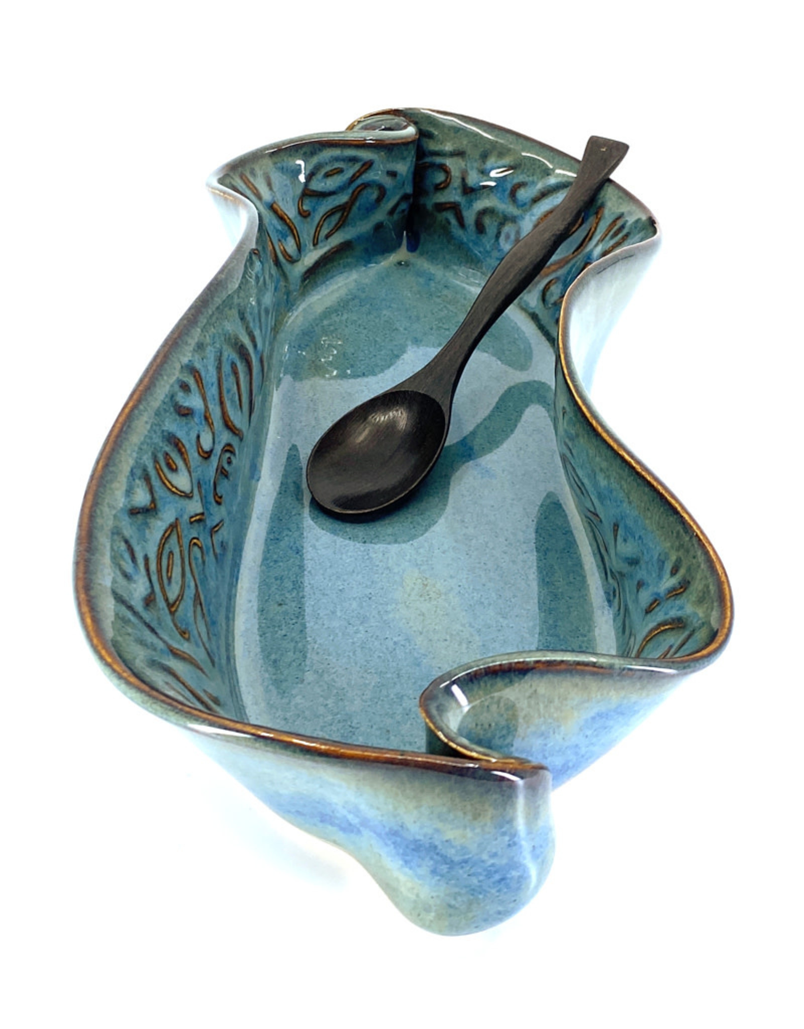 HILBORN POTTERY BLUE MEDLEY ASPARAGUS DISH WITH SPOON