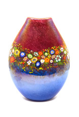 HANSON & KASTLES ART GLASS RUBY/AQUA WILDFLOWER POUCH VASE