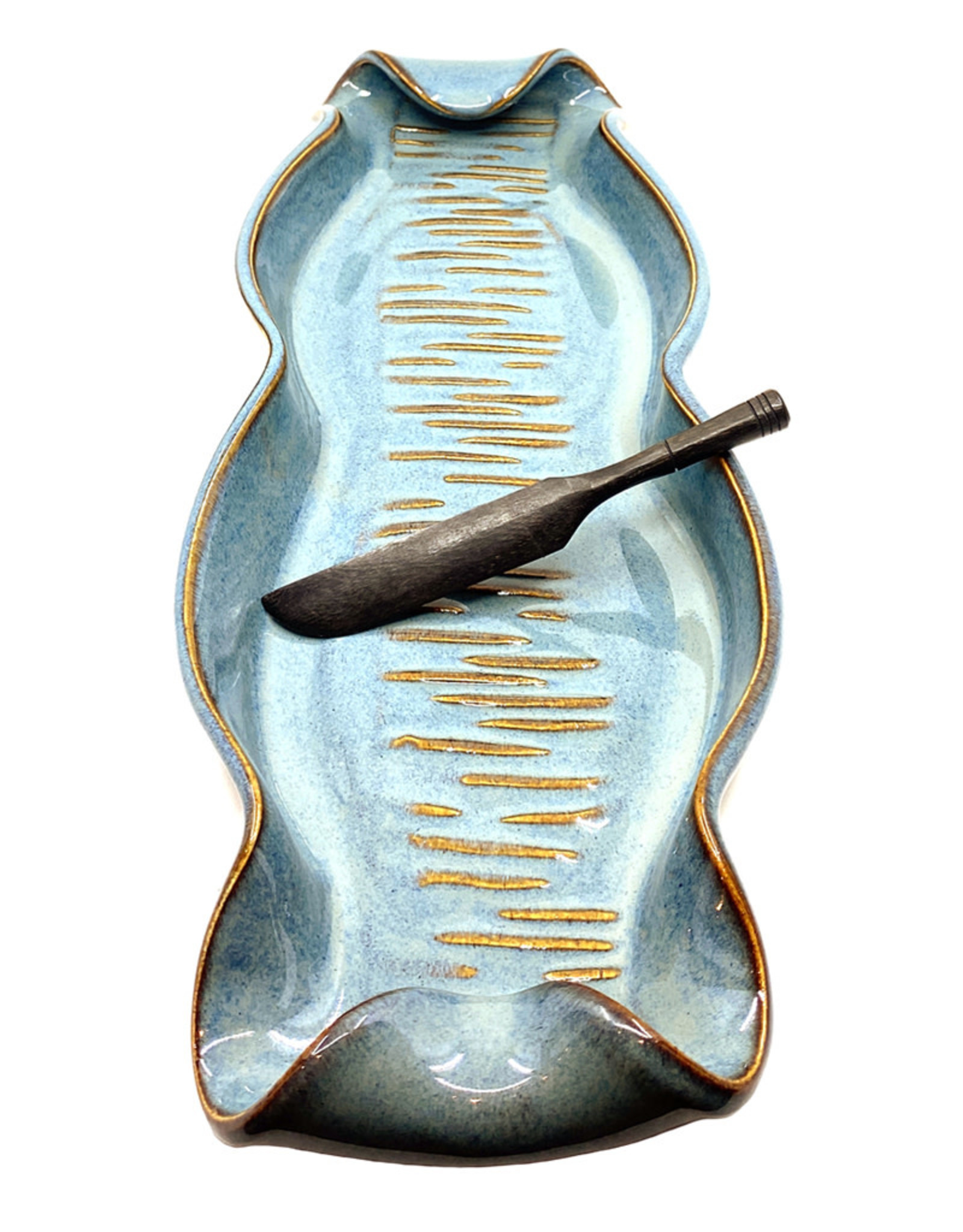 HILBORN POTTERY BLUE MEDLEY BAGUETTE TRAY WITH SPREADER