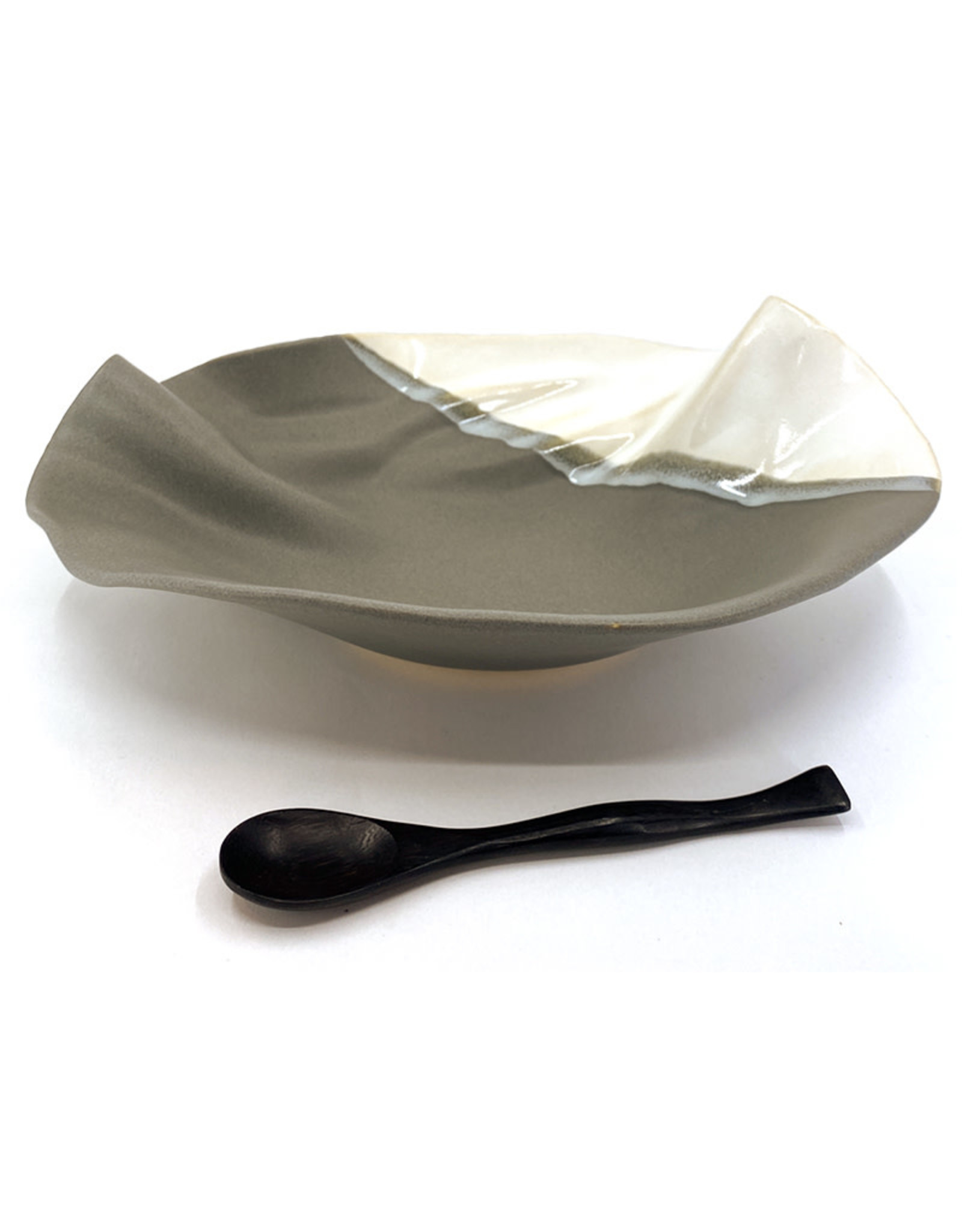 HILBORN POTTERY GRAY & WHITE TAPENADE BOWL WITH SPOON