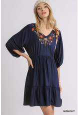 Umgee USA Floral Embroidered 3/4 Sleeved Dress