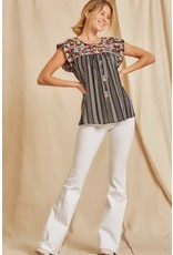Embroidered Flowers Black & White Stripe Top