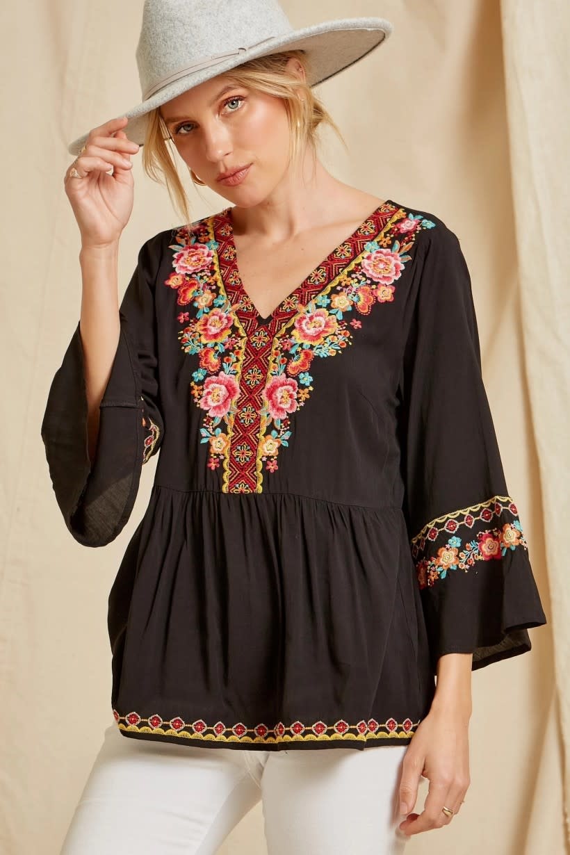 Embellished Embroidered Bell Sleeve Cathys Boutique and Gifts at