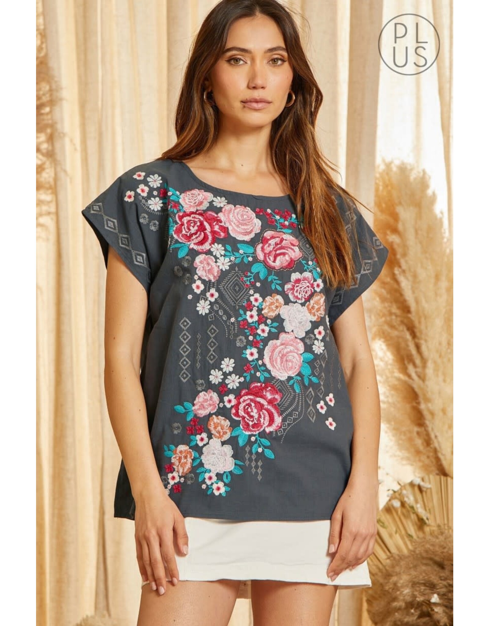 Charcoal Embroidered Top