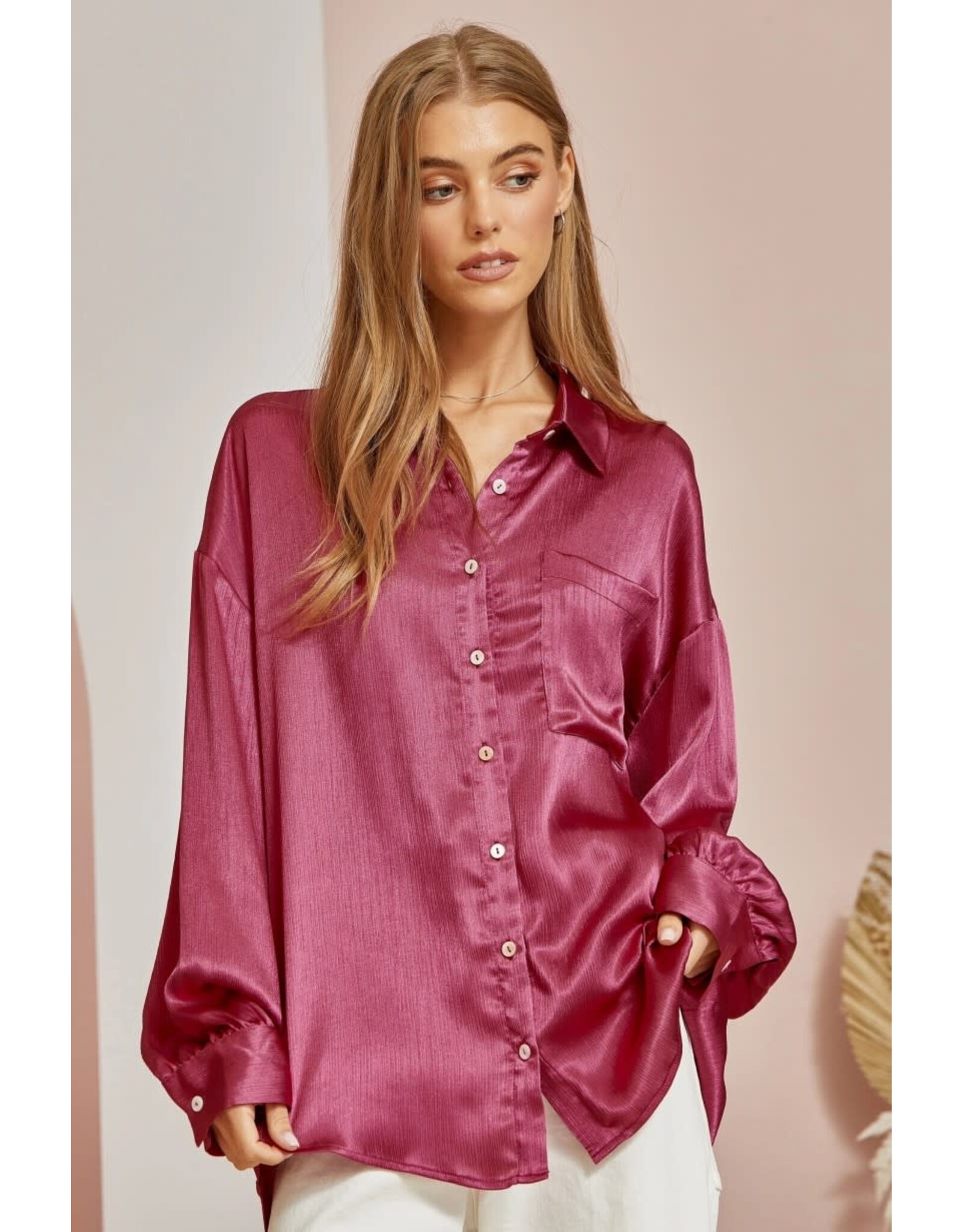 Collared Satin Magenta Top