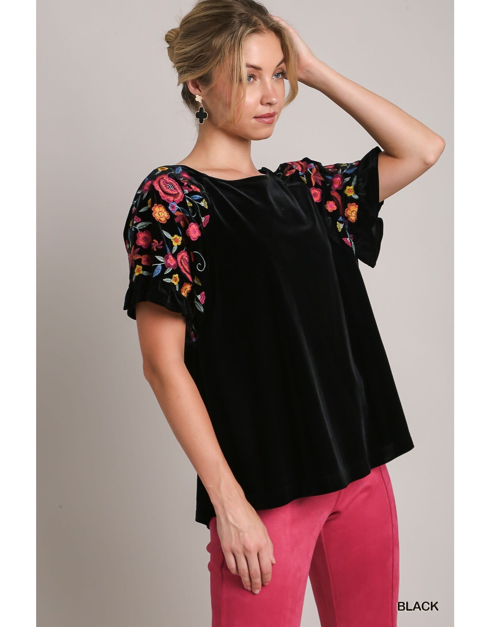 Velvet Ruffle Sleeve Embroidered Top