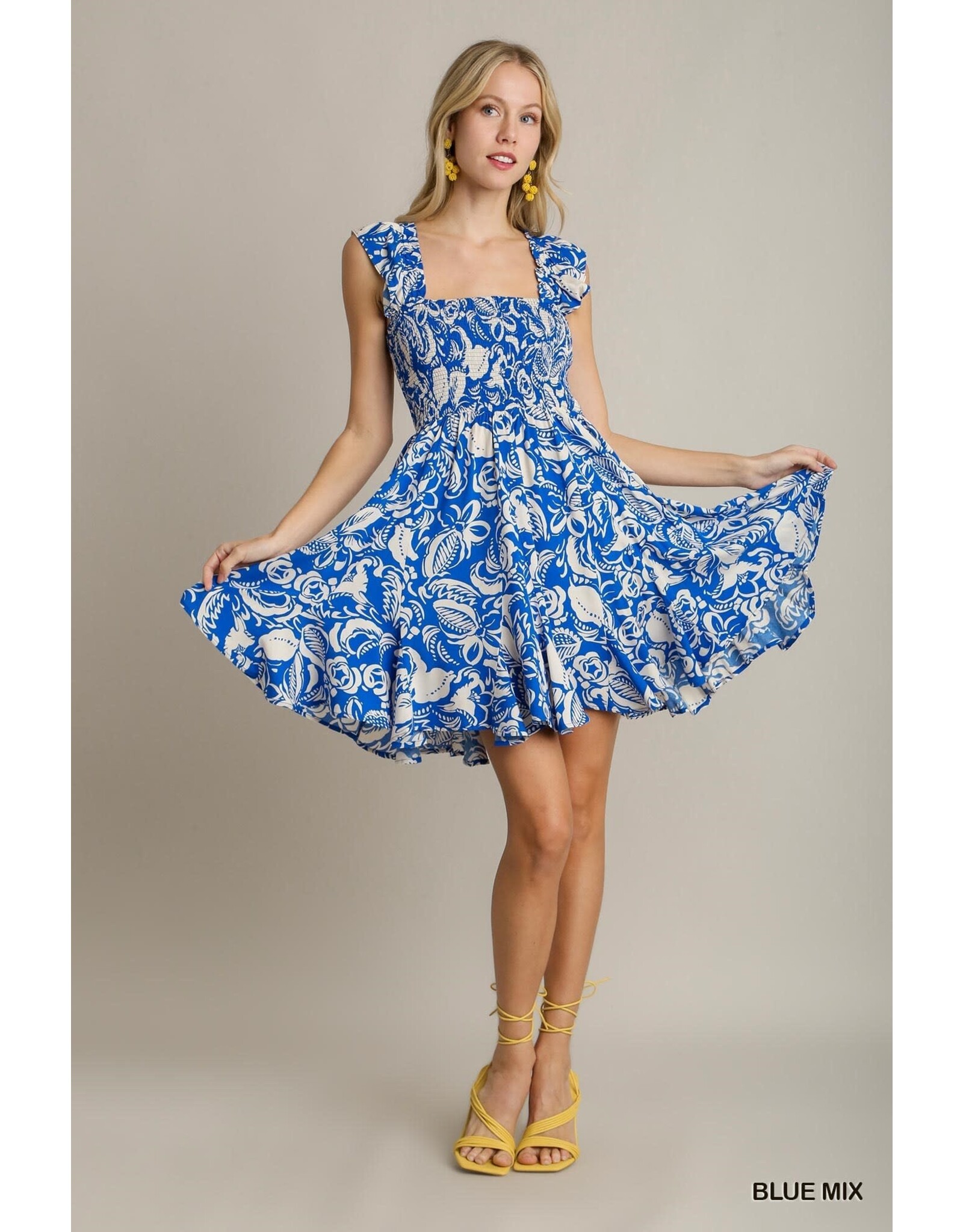 Short Floral Print Blue Mix Dress
