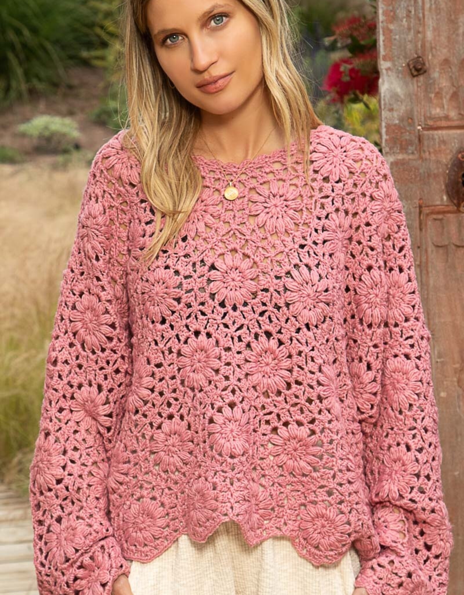 POL Clothing Floral Crochet Knit Pullover