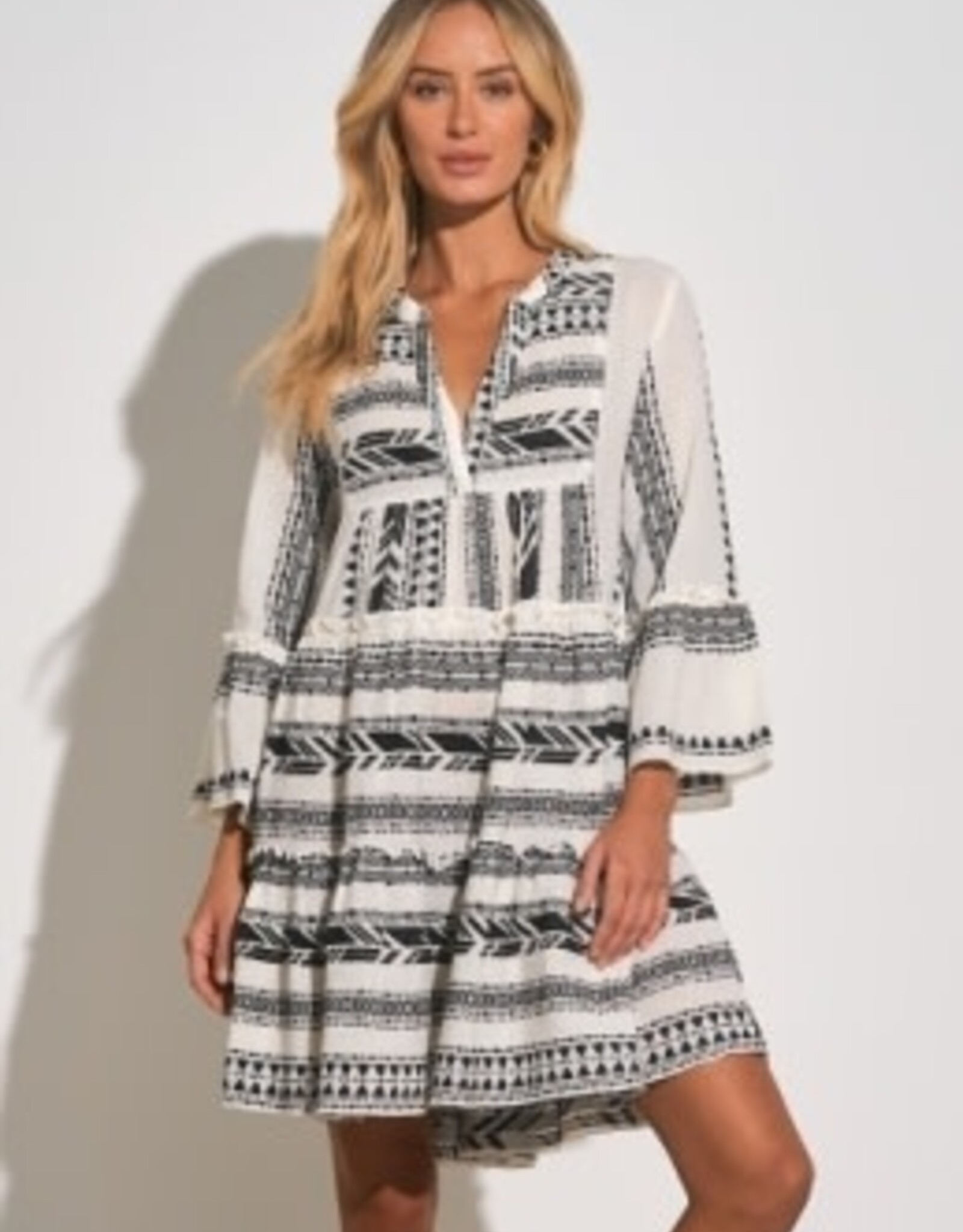 Elan International A-Line Aztec-Patterned Long Sleeve Dress