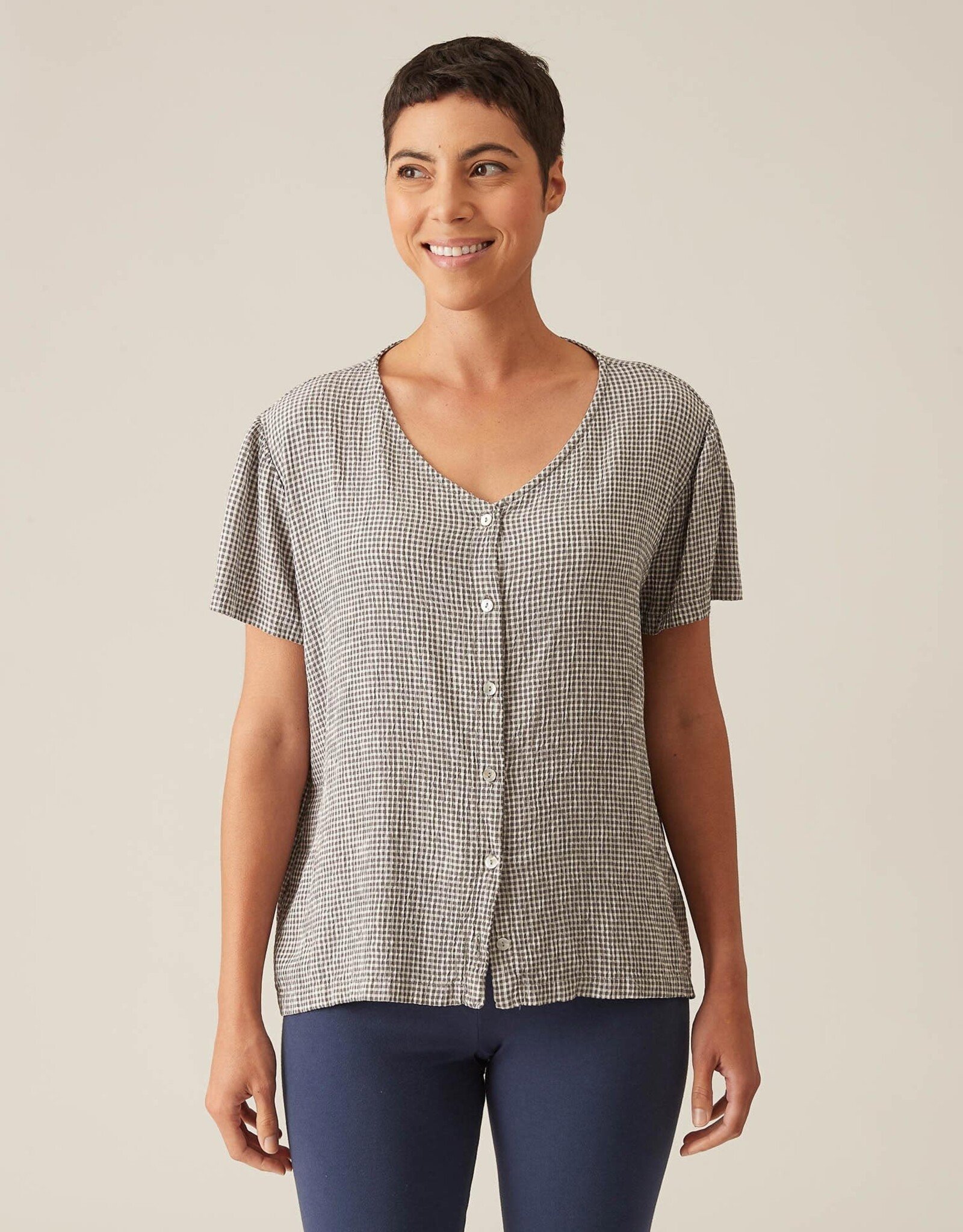 Cut Loose Button-Up Checkered Crinkle Top