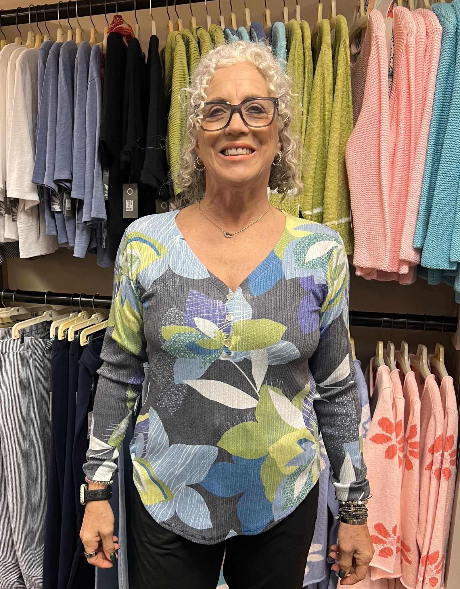 Nally & Millie Blue/Green Floral  Button Top