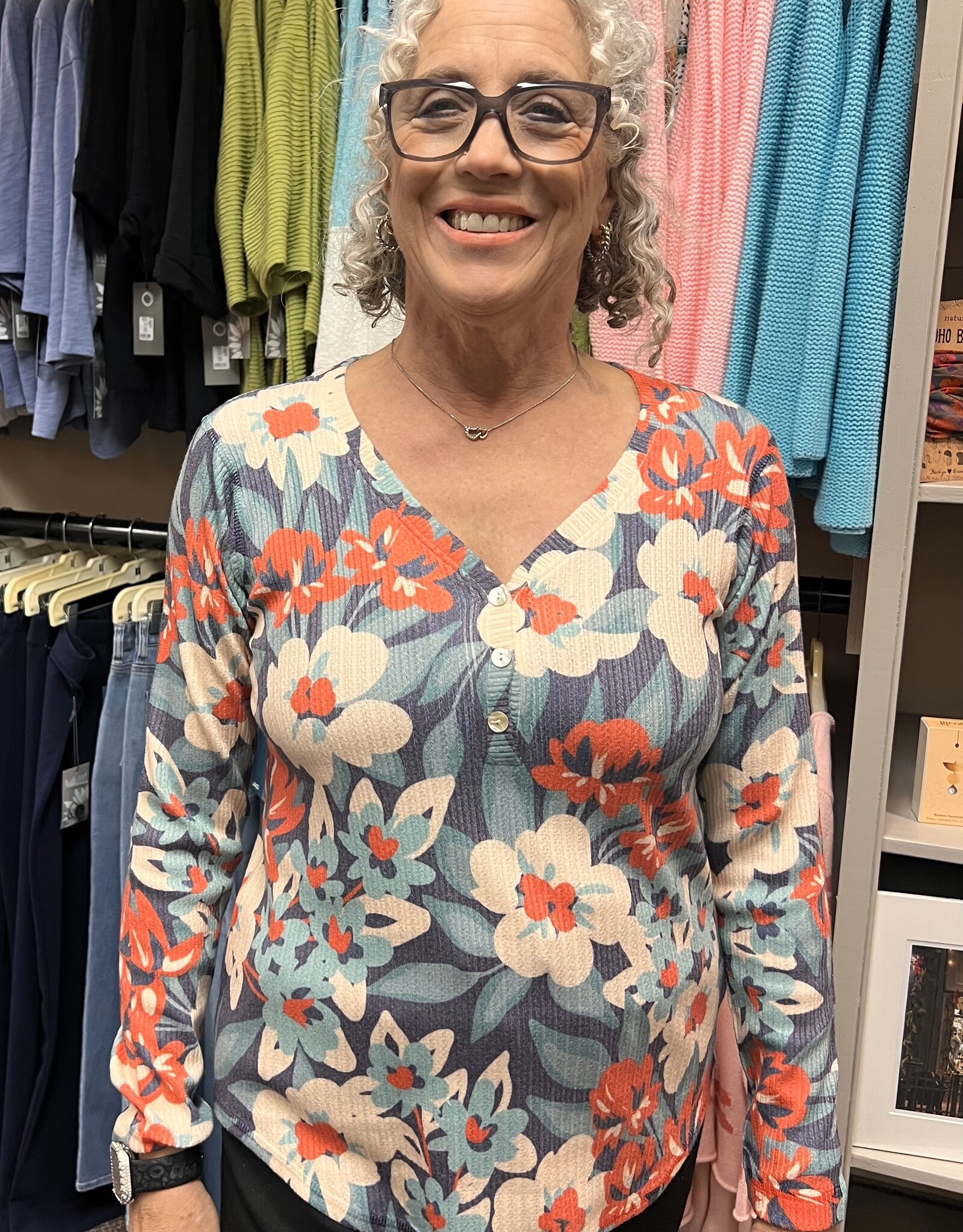 Nally & Millie Blue/Red Floral  Button Top