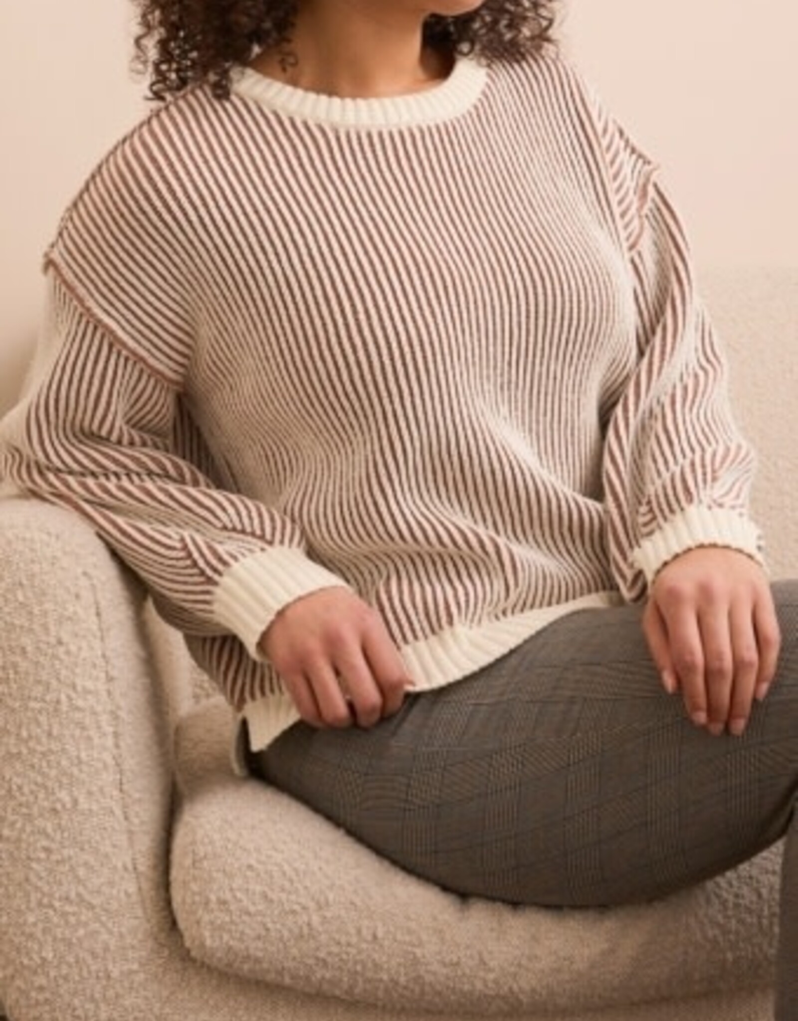TRIBAL Striped Side-Slit Crew Sweater