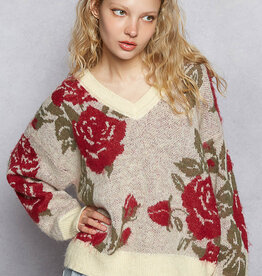POL Clothing V-Neck Rose Knit Sweater
