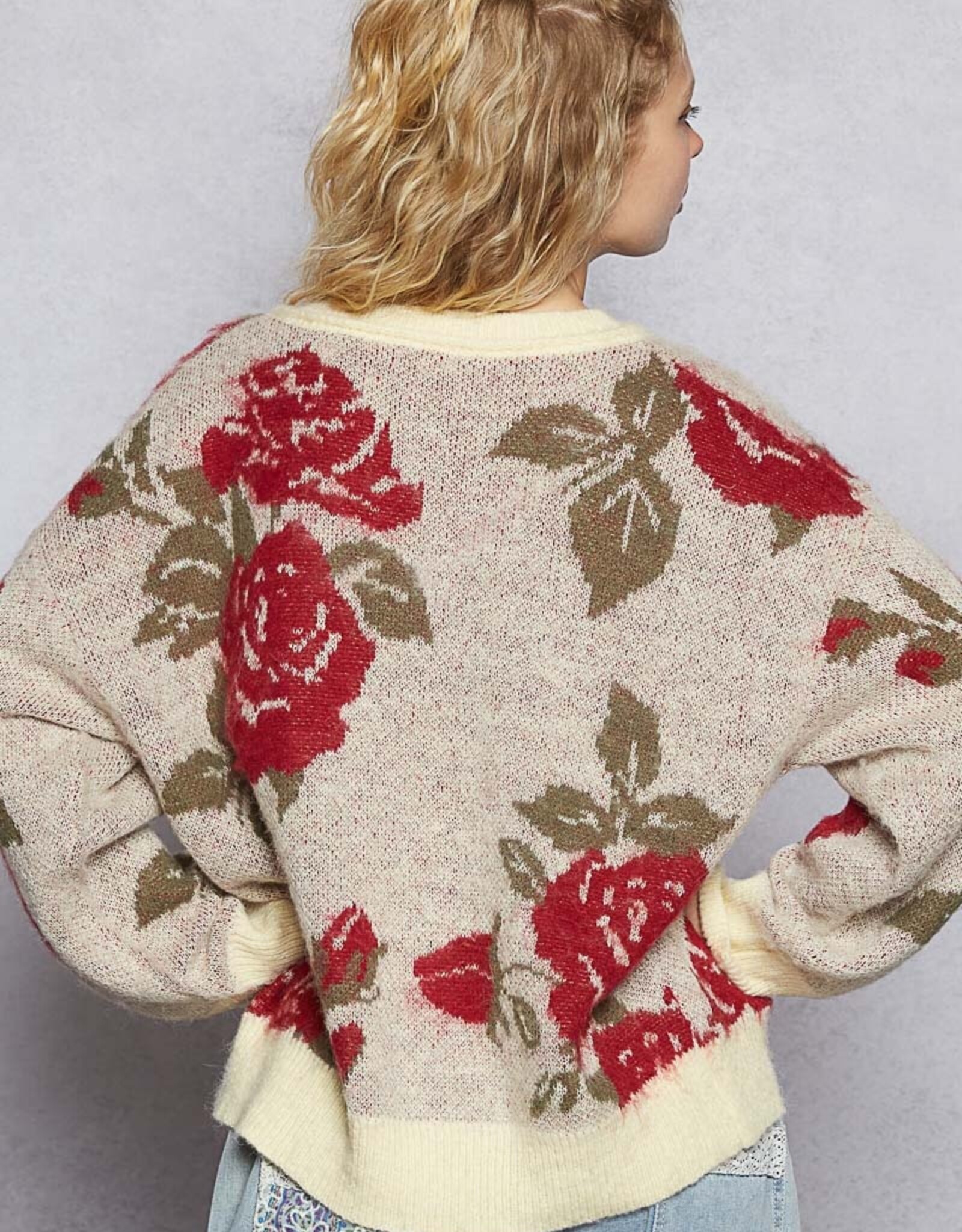 POL Clothing V-Neck Rose Knit Sweater