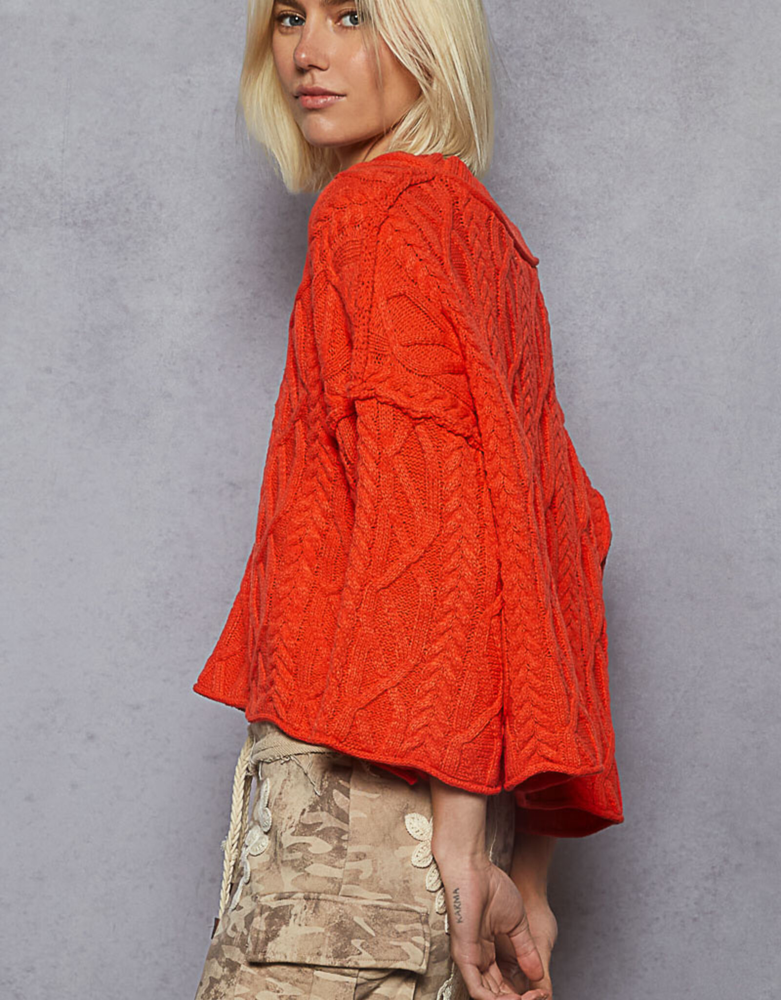 POL Clothing Hot Coral Cable Knit Sweater