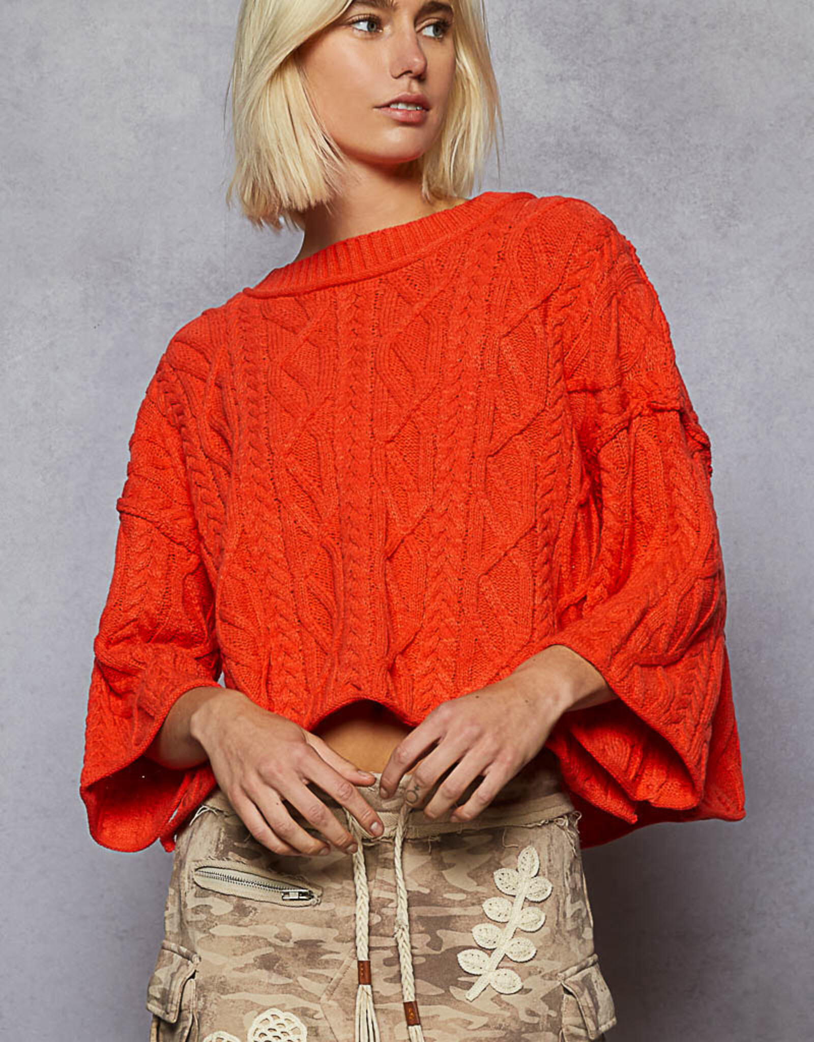 POL Clothing Hot Coral Cable Knit Sweater