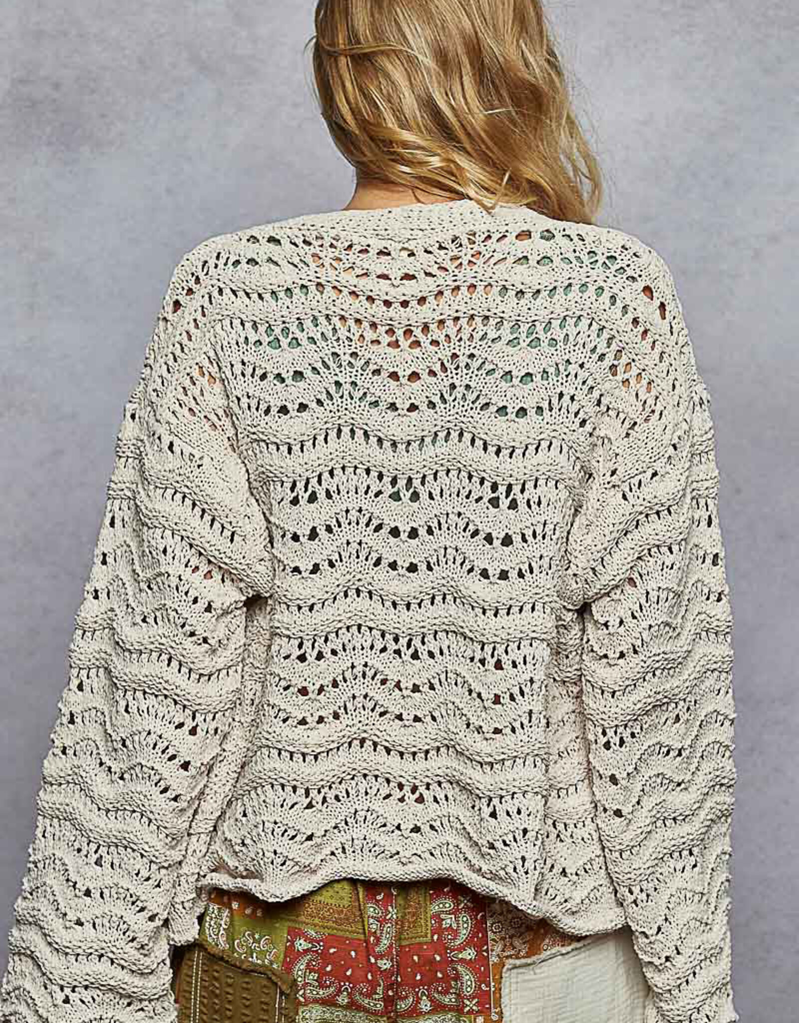POL Clothing Long Sleeve Shell Stitch Crochet Sweater
