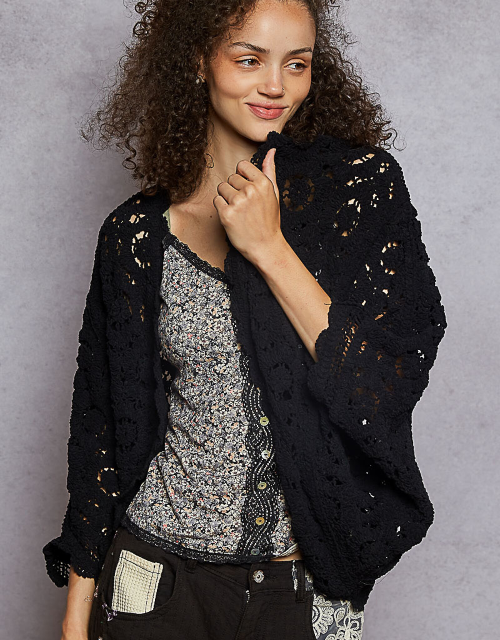 POL Clothing Bat Sleeve Crochet Sweater