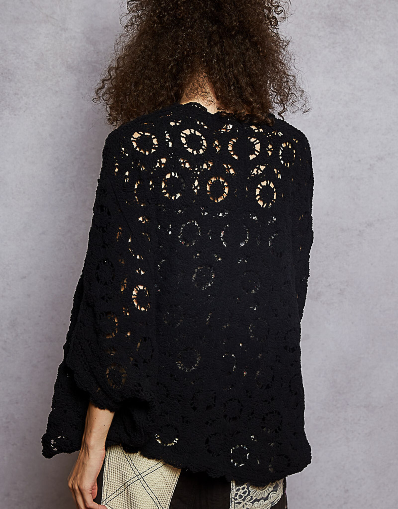 POL Clothing Bat Sleeve Crochet Sweater