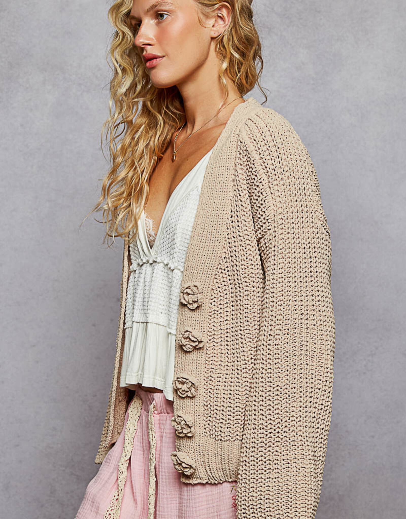 POL Clothing Floral Button Chenille Cardigan