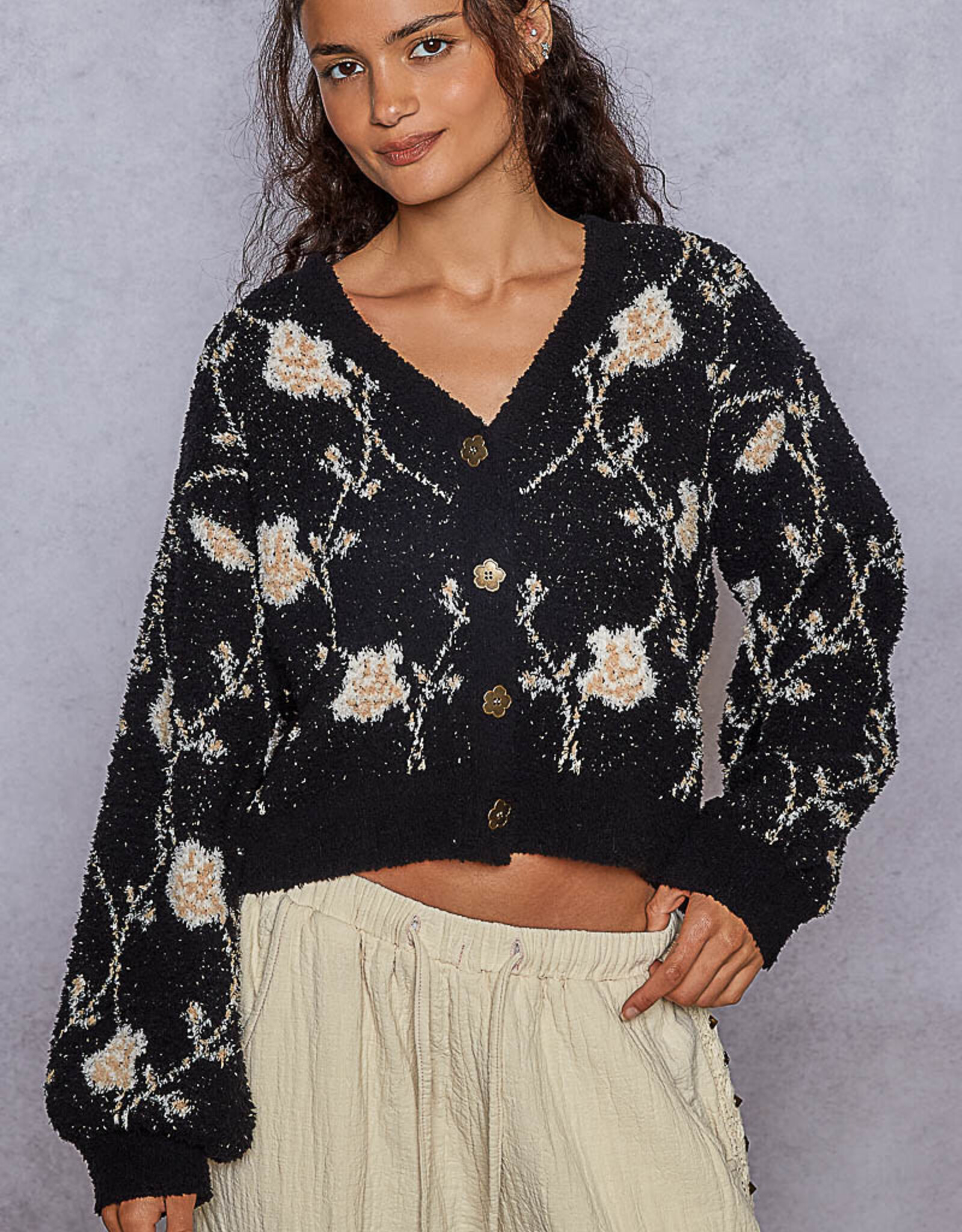 POL Clothing Cropped Floral Cardigan