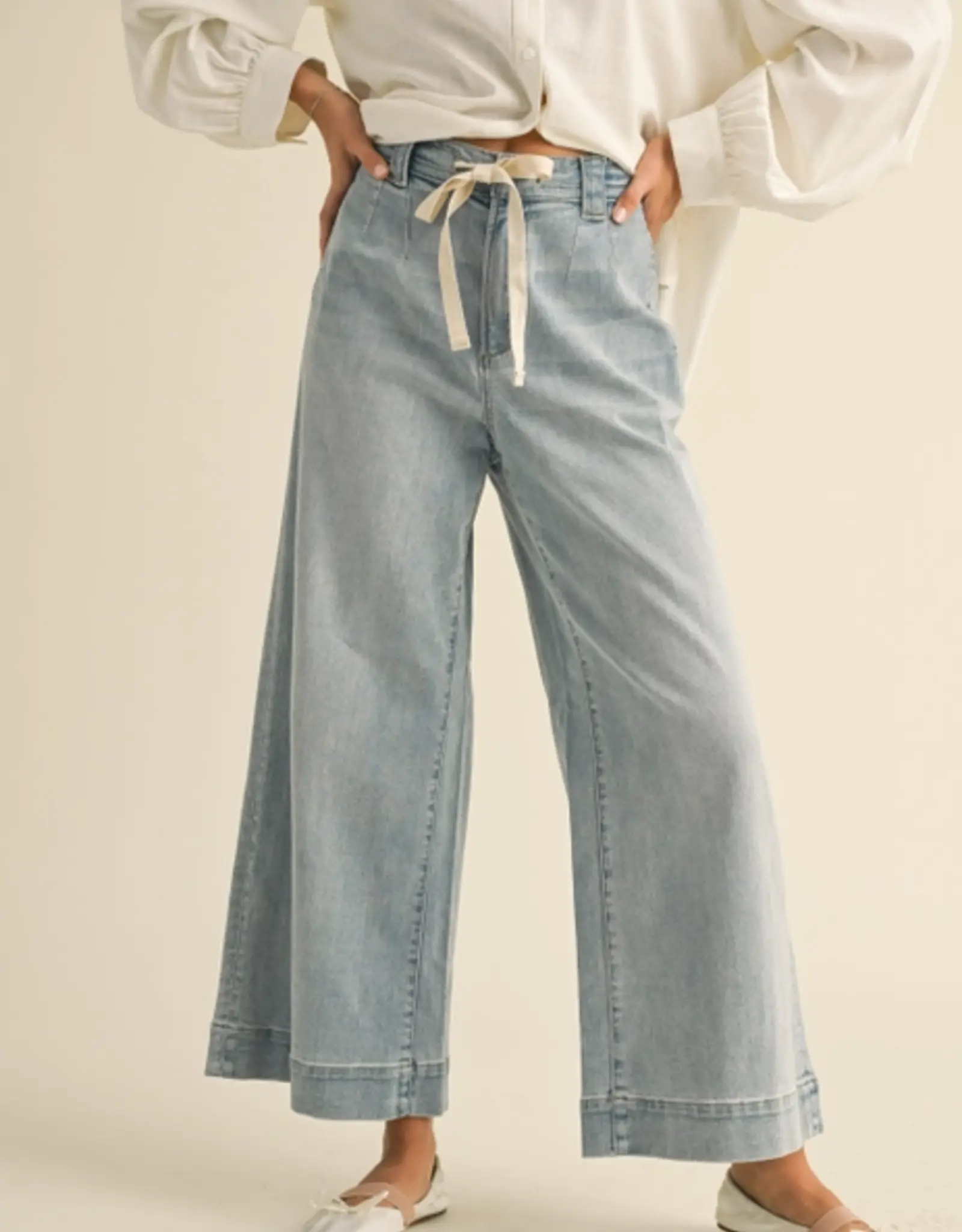 Miou Muse Washed Denim Tie Front Pants