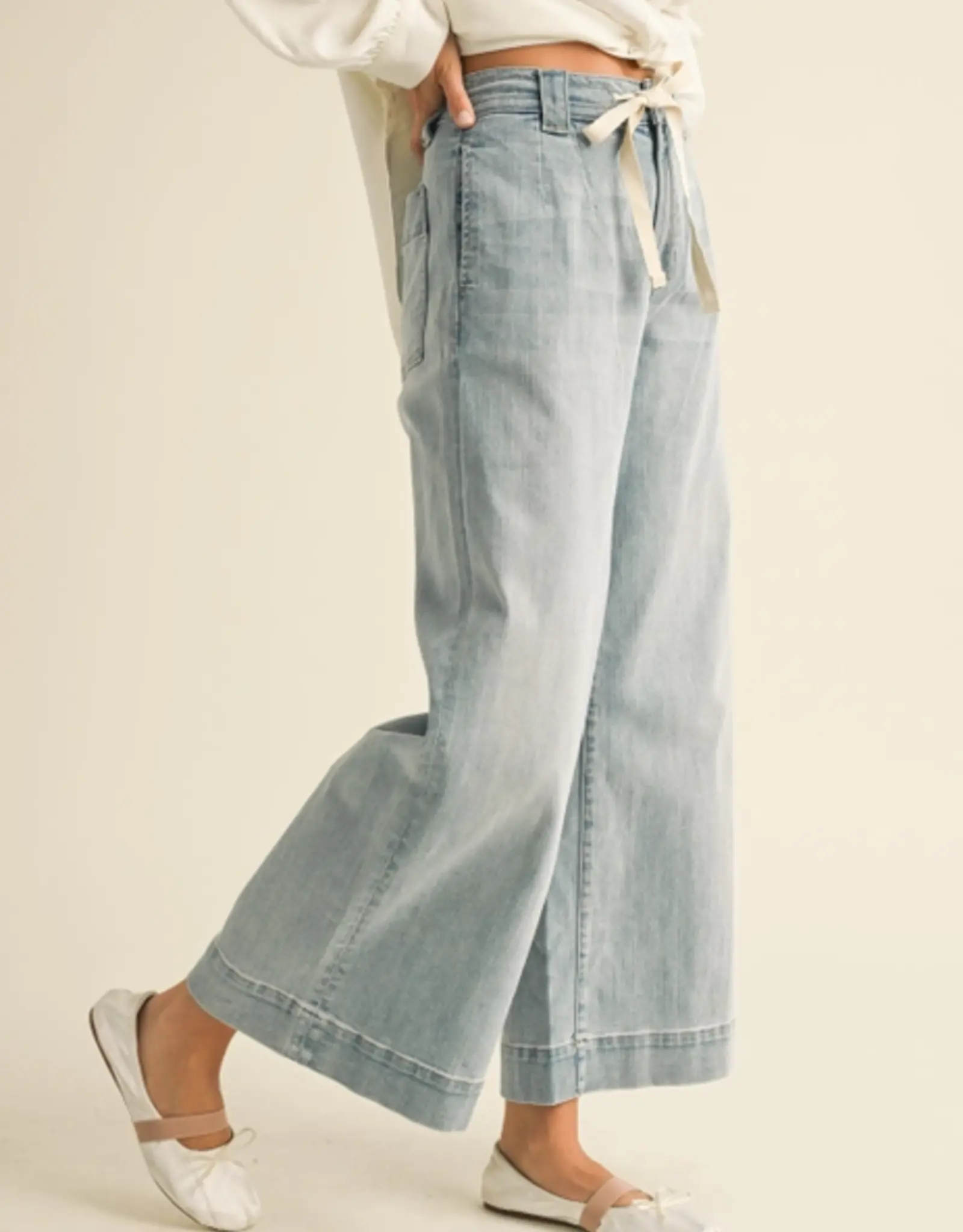 Miou Muse Washed Denim Tie Front Pants