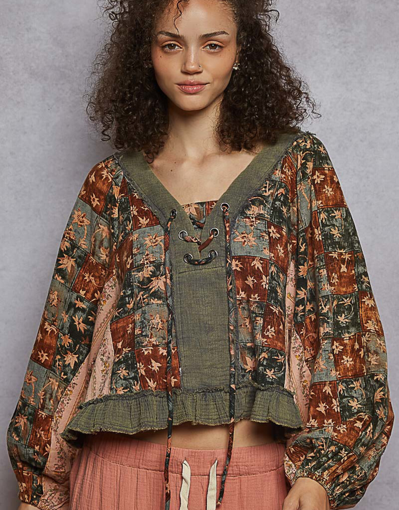 POL Clothing Patchwork Floral Ruffle Top