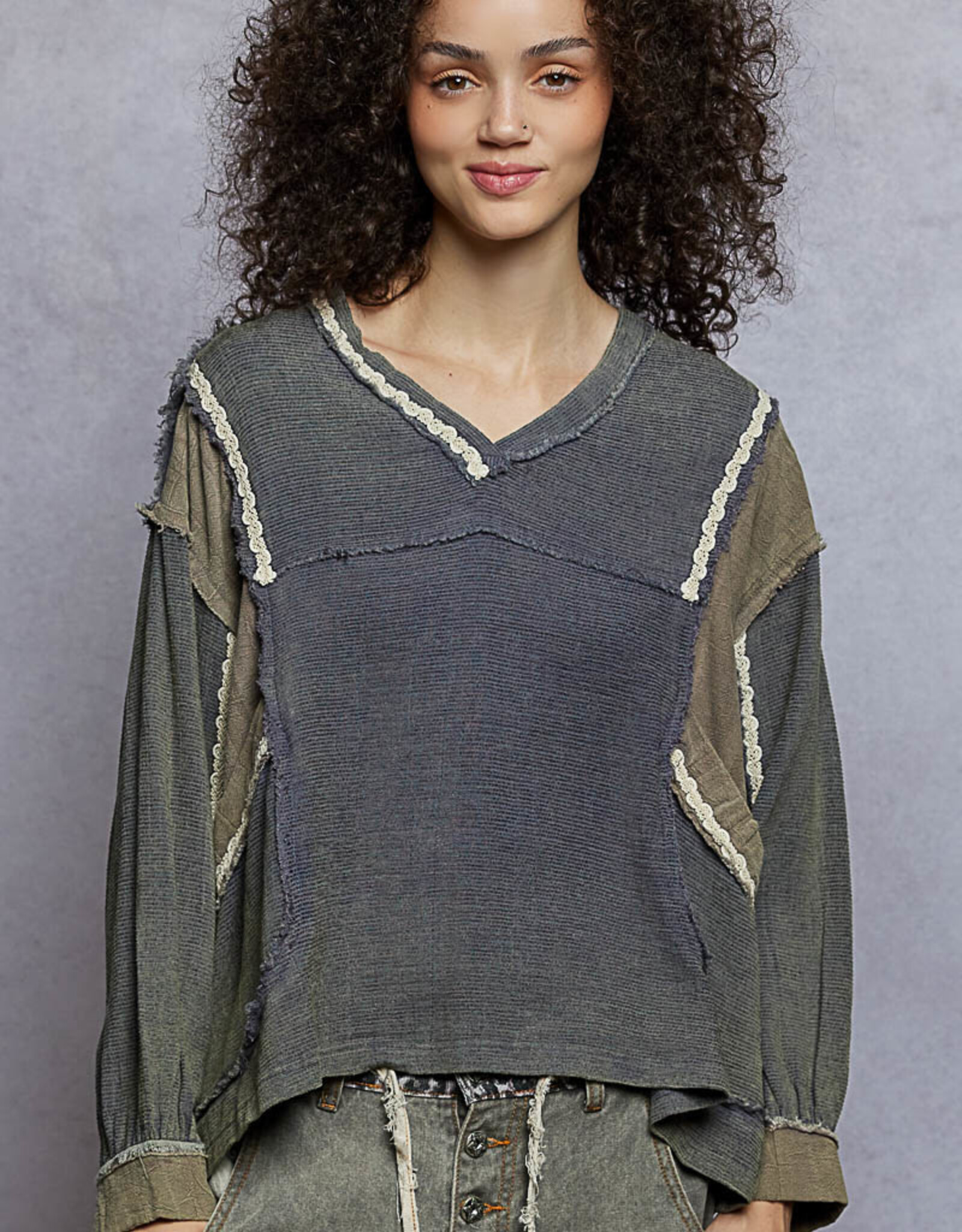 POL Clothing Gauze  Balloon Sleeve Top