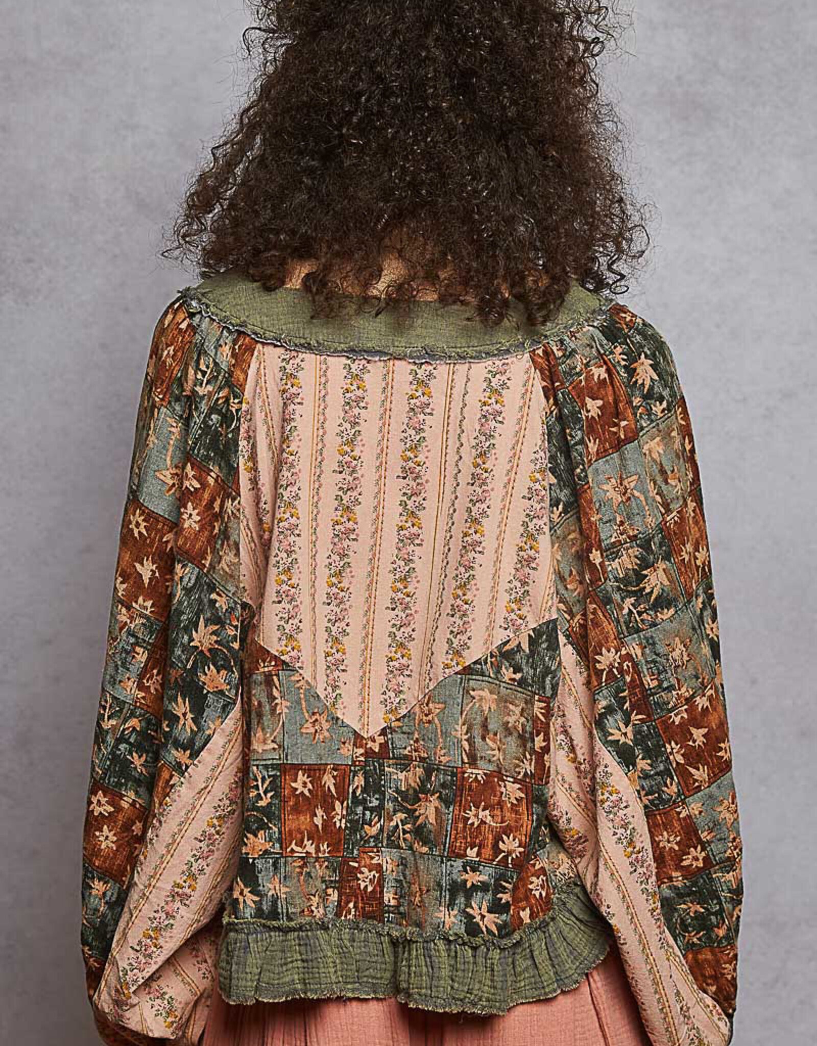 POL Clothing Patchwork Floral Ruffle Top