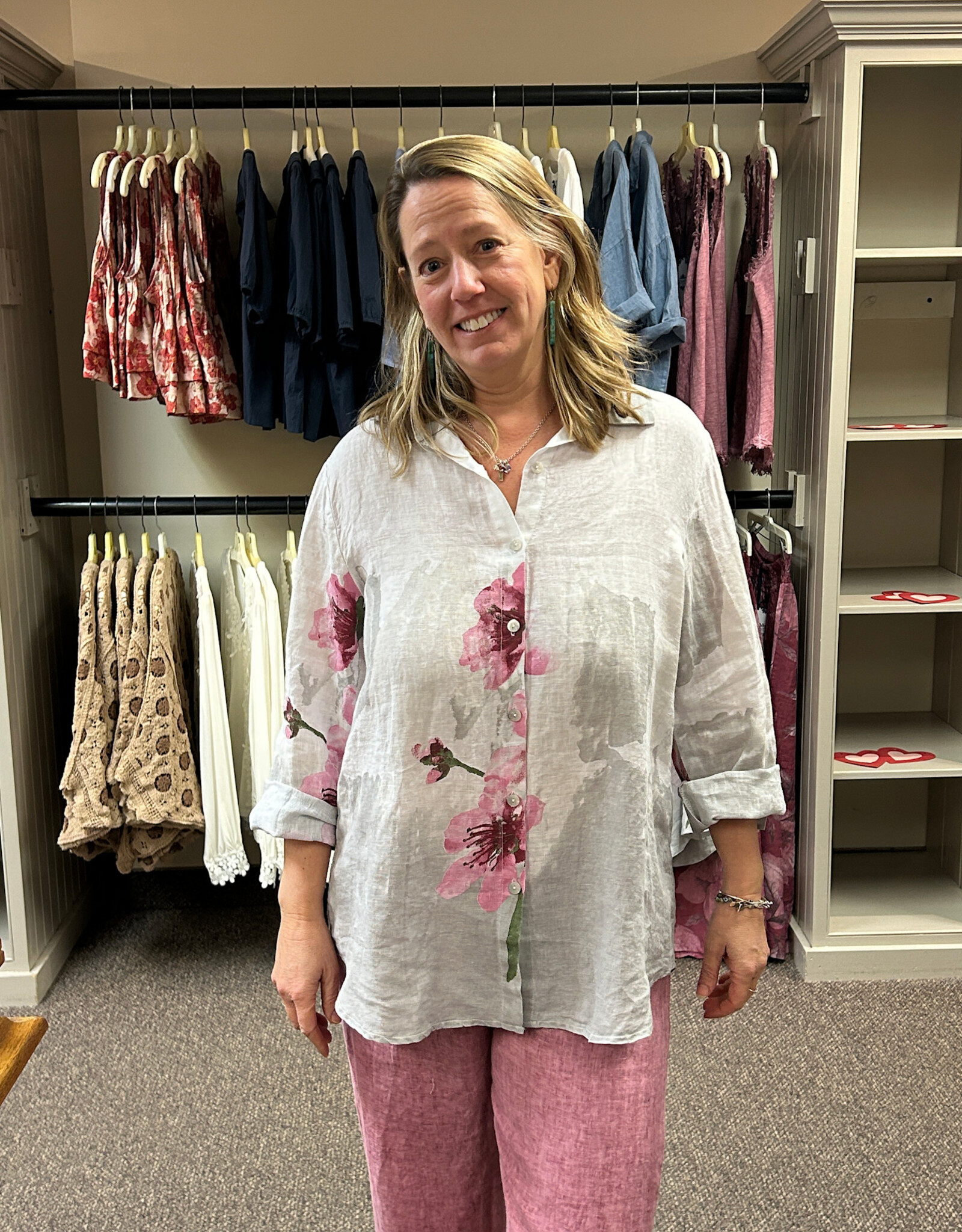 Tempo Paris Linen Floral Button Front Top