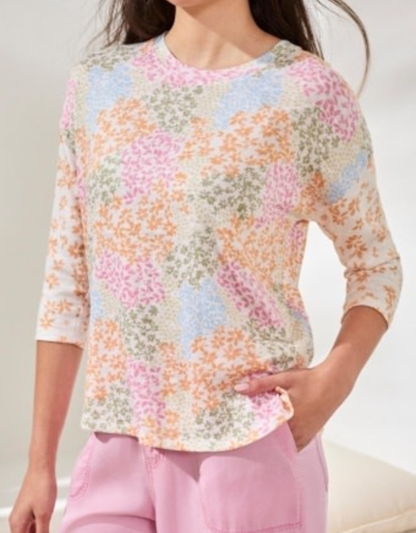 TRIBAL 3/4 Sleeve Floral Crewneck Top