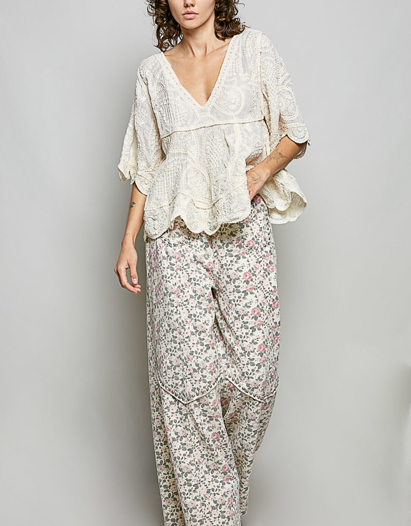 POL Clothing Vneck Vintage Crochet Top