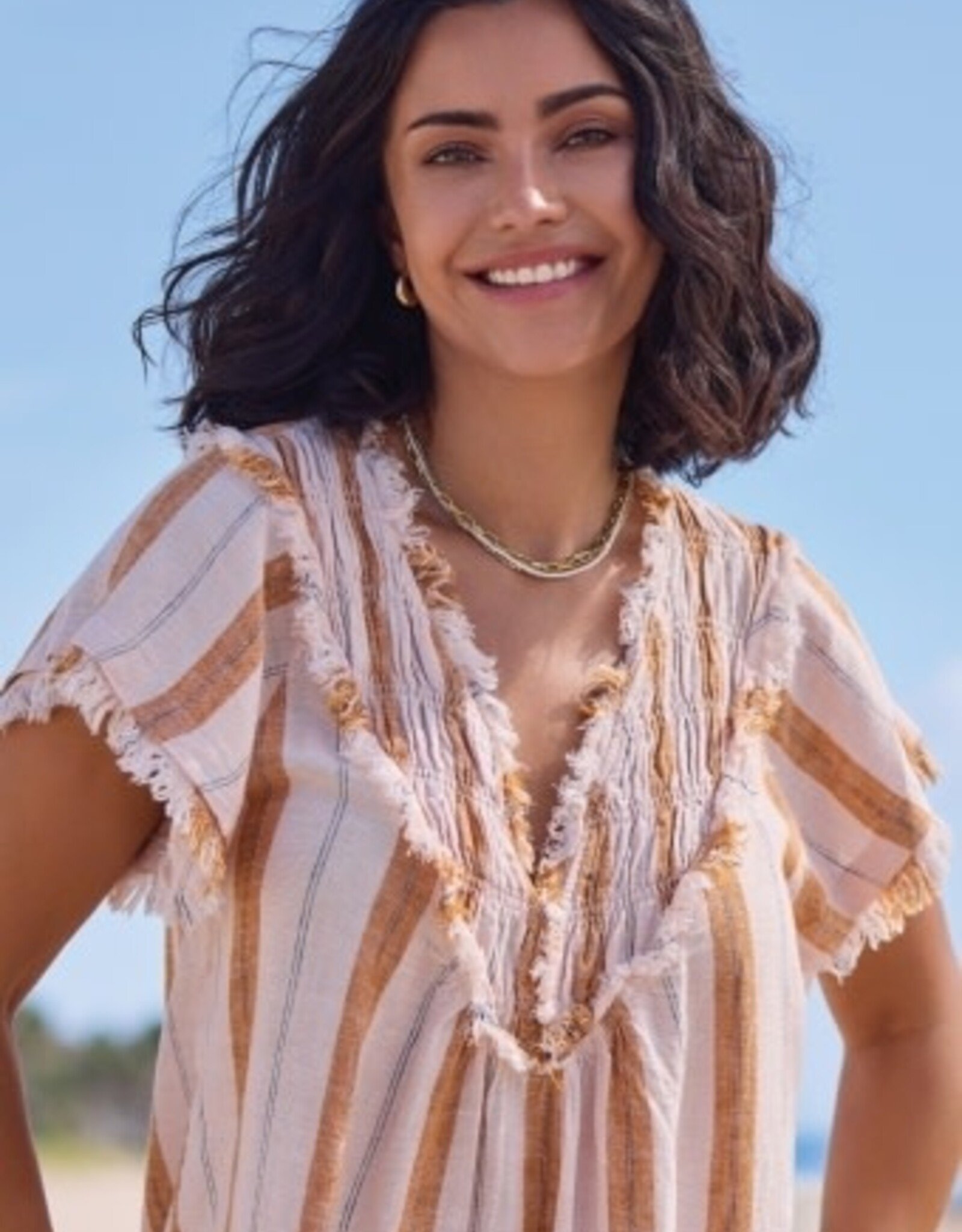 TRIBAL Raw Edge Striped Smock Blouse