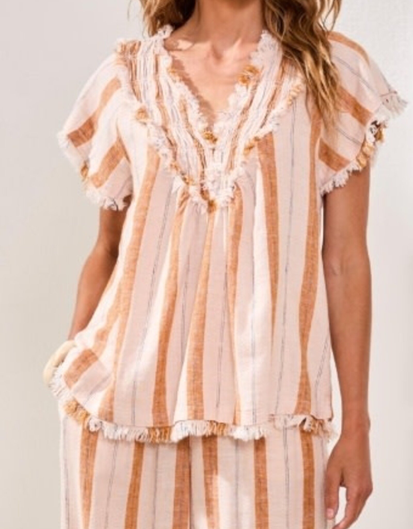 TRIBAL Raw Edge Striped Smock Blouse