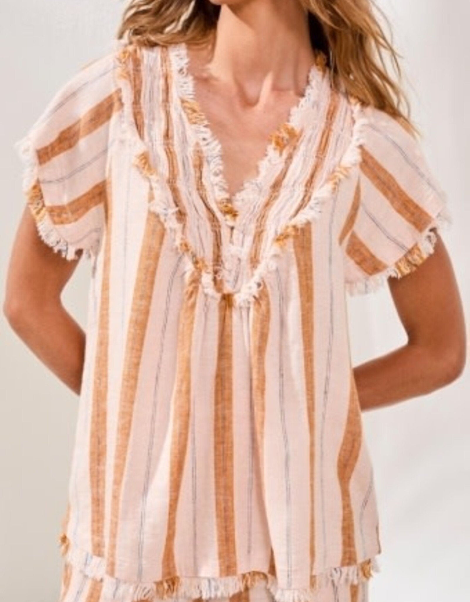 TRIBAL Raw Edge Striped Smock Blouse