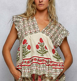 POL Clothing Ruffled Floral Motif Top