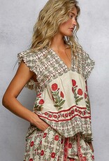 POL Clothing Ruffled Floral Motif Top