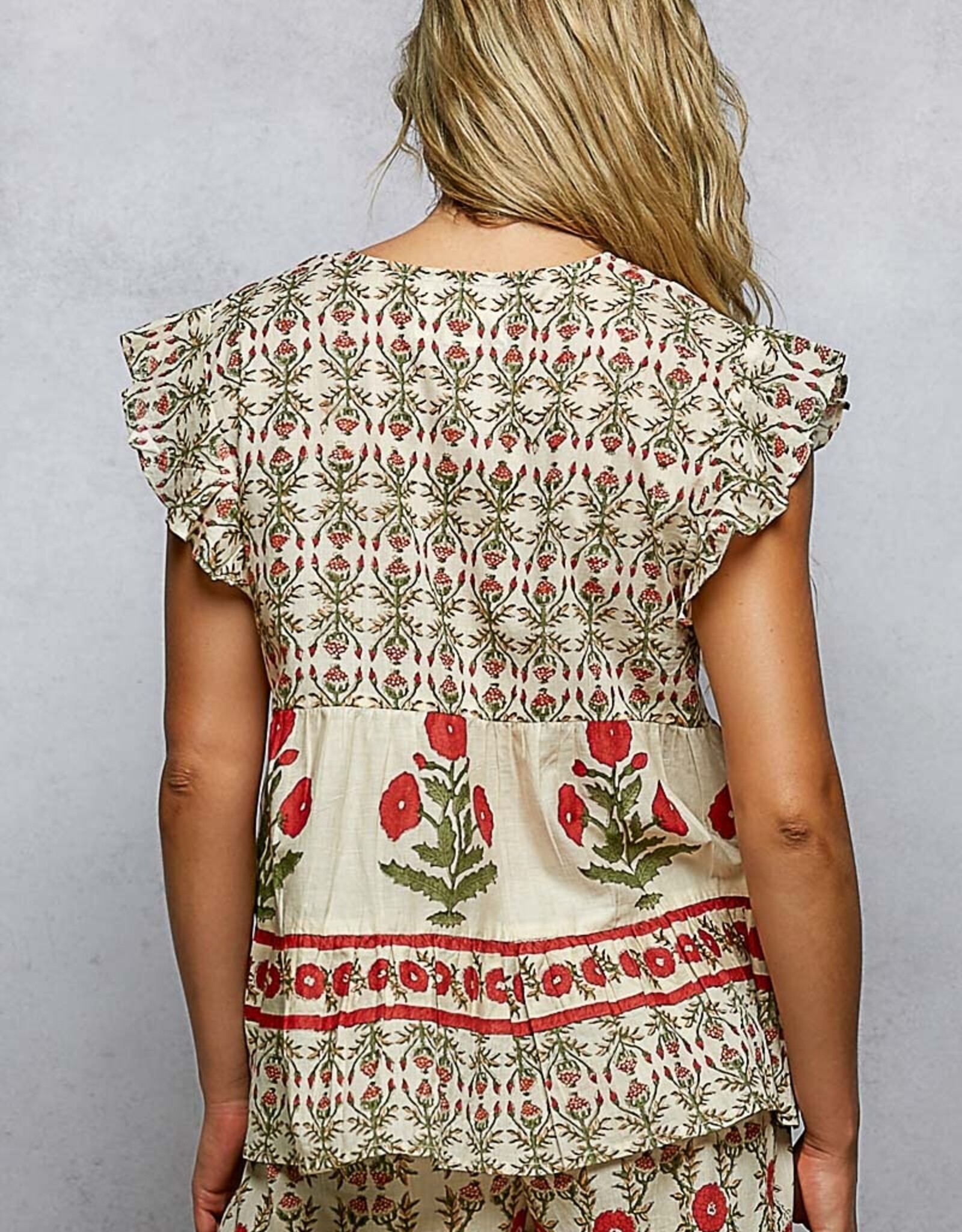 POL Clothing Ruffled Floral Motif Top