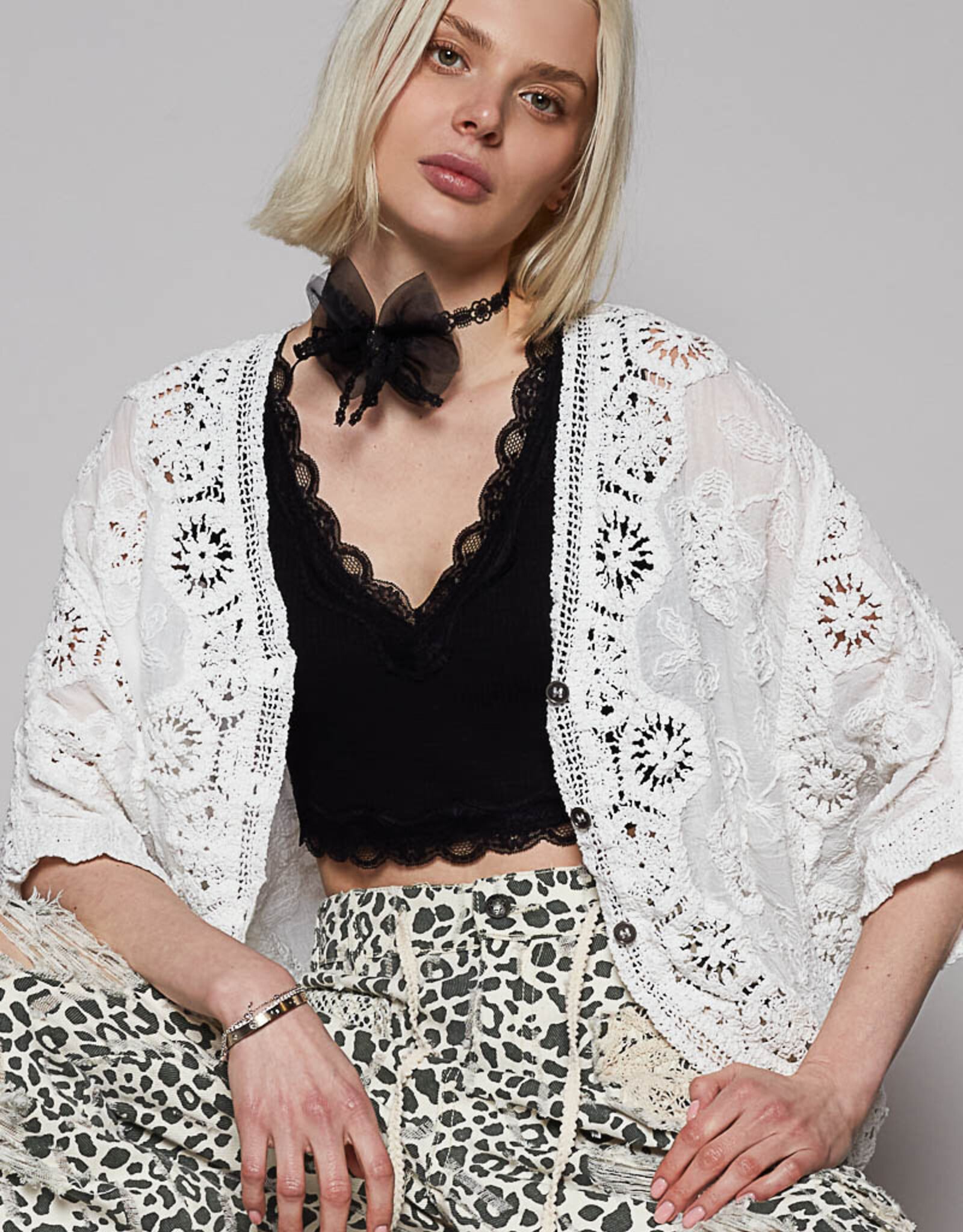 POL Clothing Crochet Cardigan with Floral Lace Detail