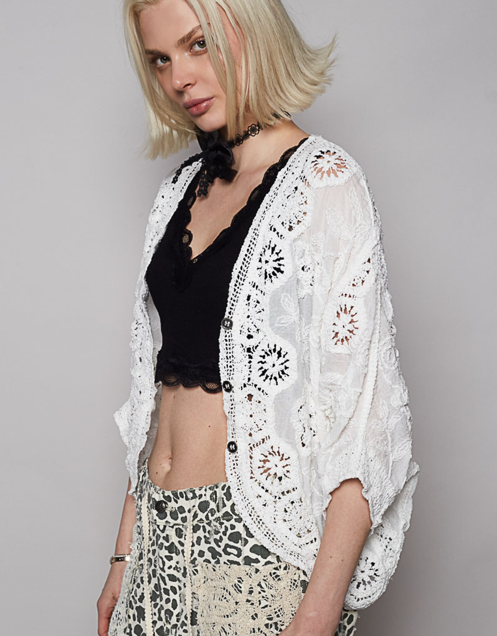 POL Clothing Crochet Cardigan with Floral Lace Detail