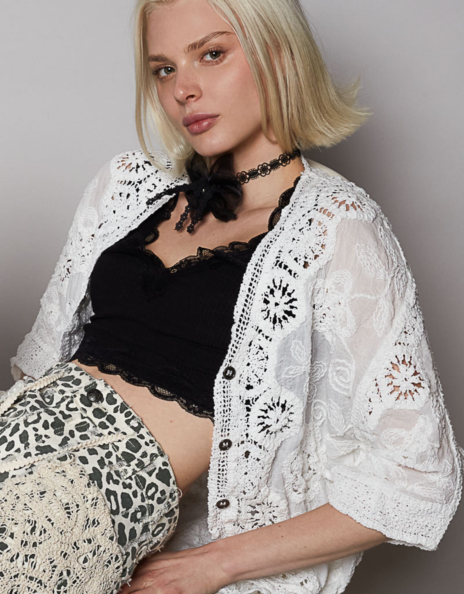 POL Clothing Crochet Cardigan with Floral Lace Detail