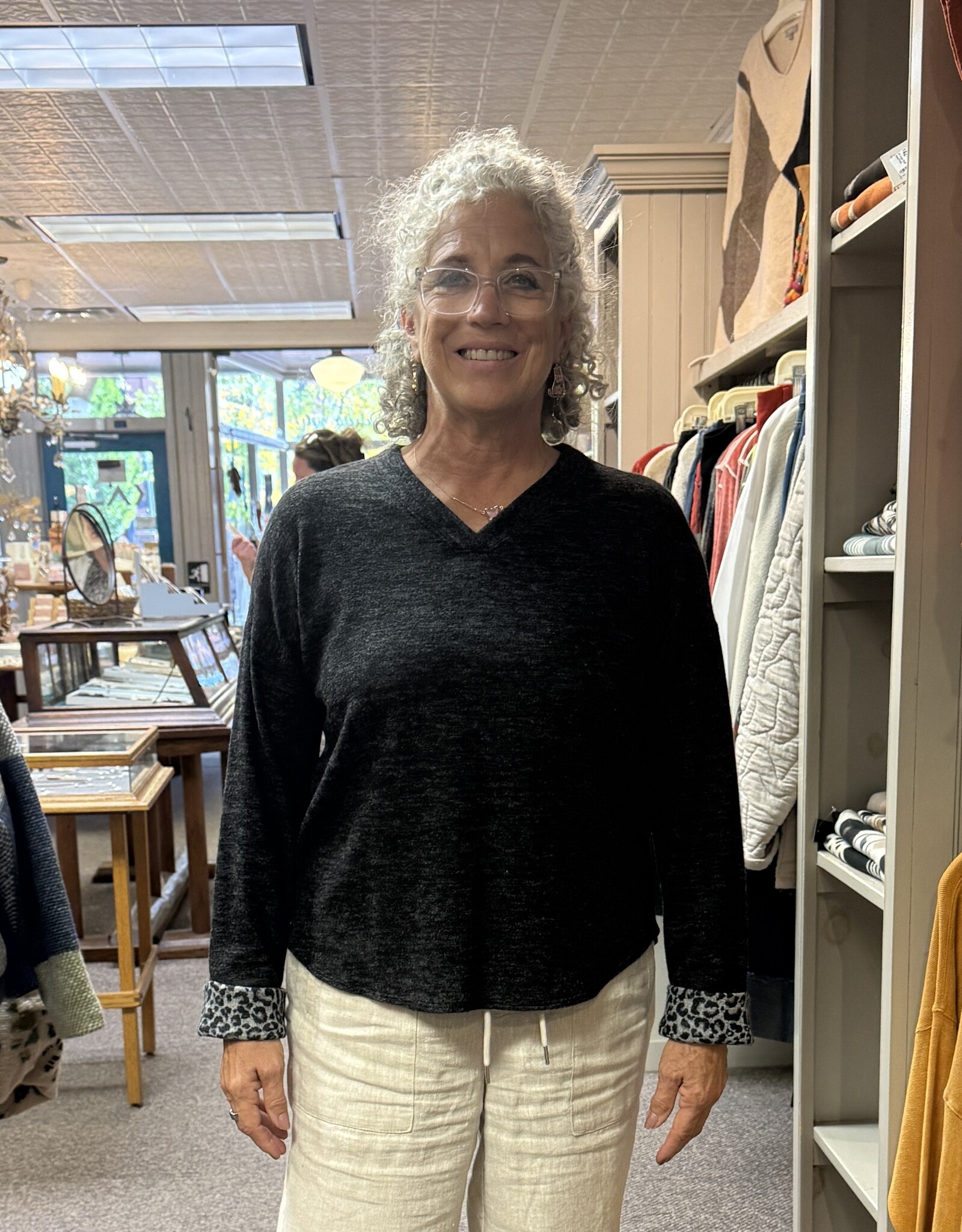 Nally & Millie Brushed Fleece Vneck Top with Animal Print Cuffs