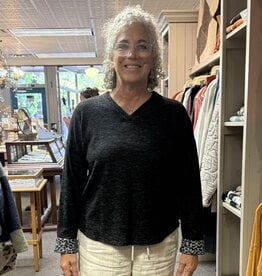 Nally & Millie Brushed Fleece Vneck Top with Animal Print Cuffs