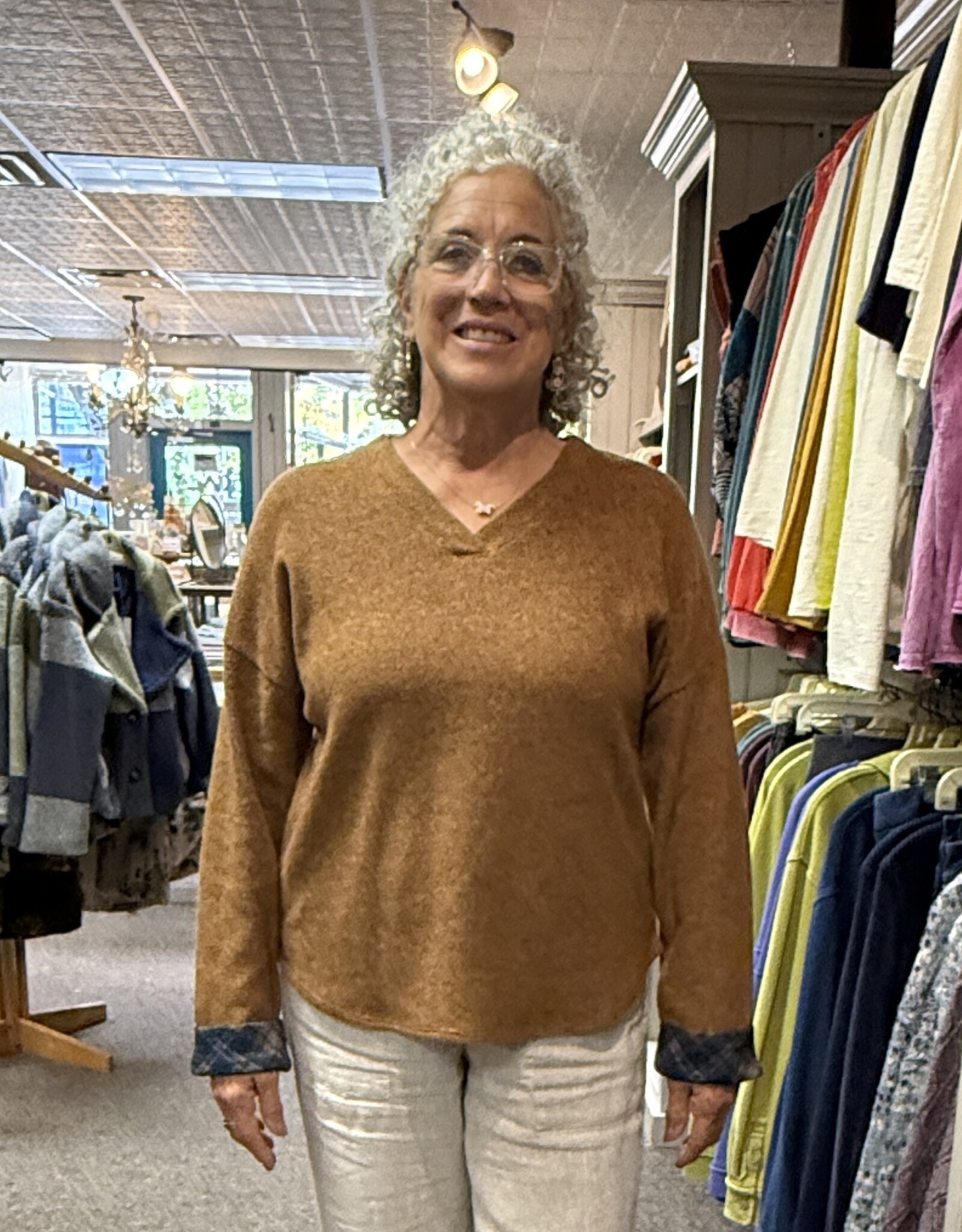 Nally & Millie Brushed Fleece Top with Plaid Cuffs