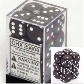 CHESSEX OPAQUE 12D6 BLACK/WHITE 16MM