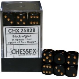 CHESSEX OPAQUE 36D6 BLACK/GOLD 12MM