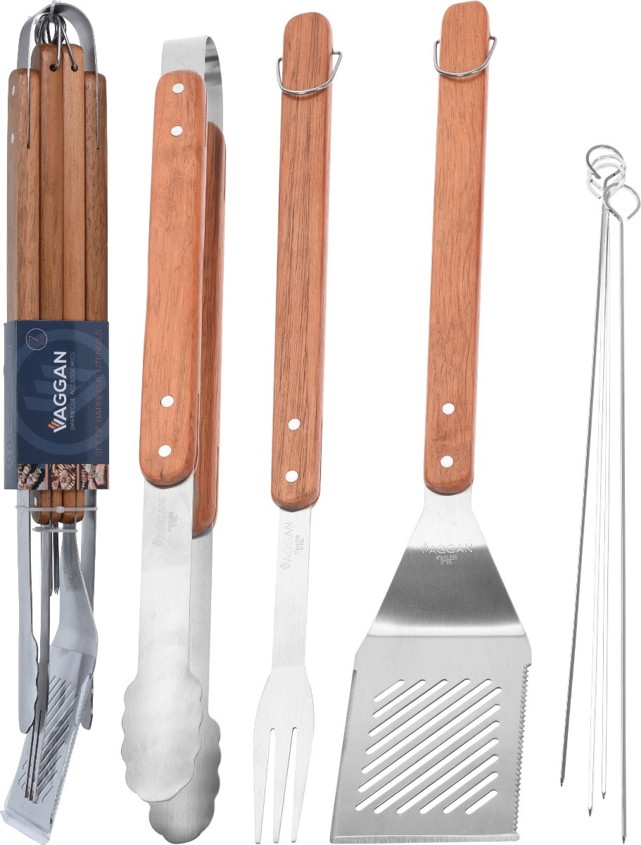 BBQ Tool Set - S/S Redwood Handle -7 pc