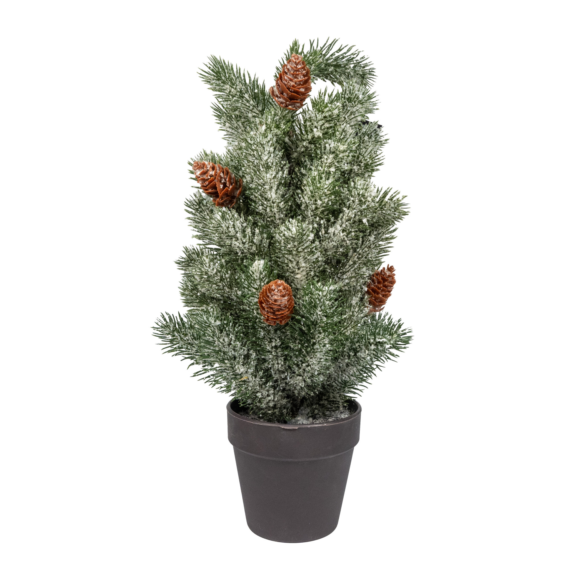 X-Mas Tree Pine Cone Green Frosted in Brown Pot - H38xd18cm